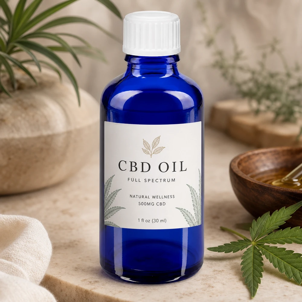Niebieska szklana buteleczka apteczna o pojemności 30 ml z białym zamknięciem zabezpieczającym przed dziećmi, przeznaczona do produktów z olejem CBD