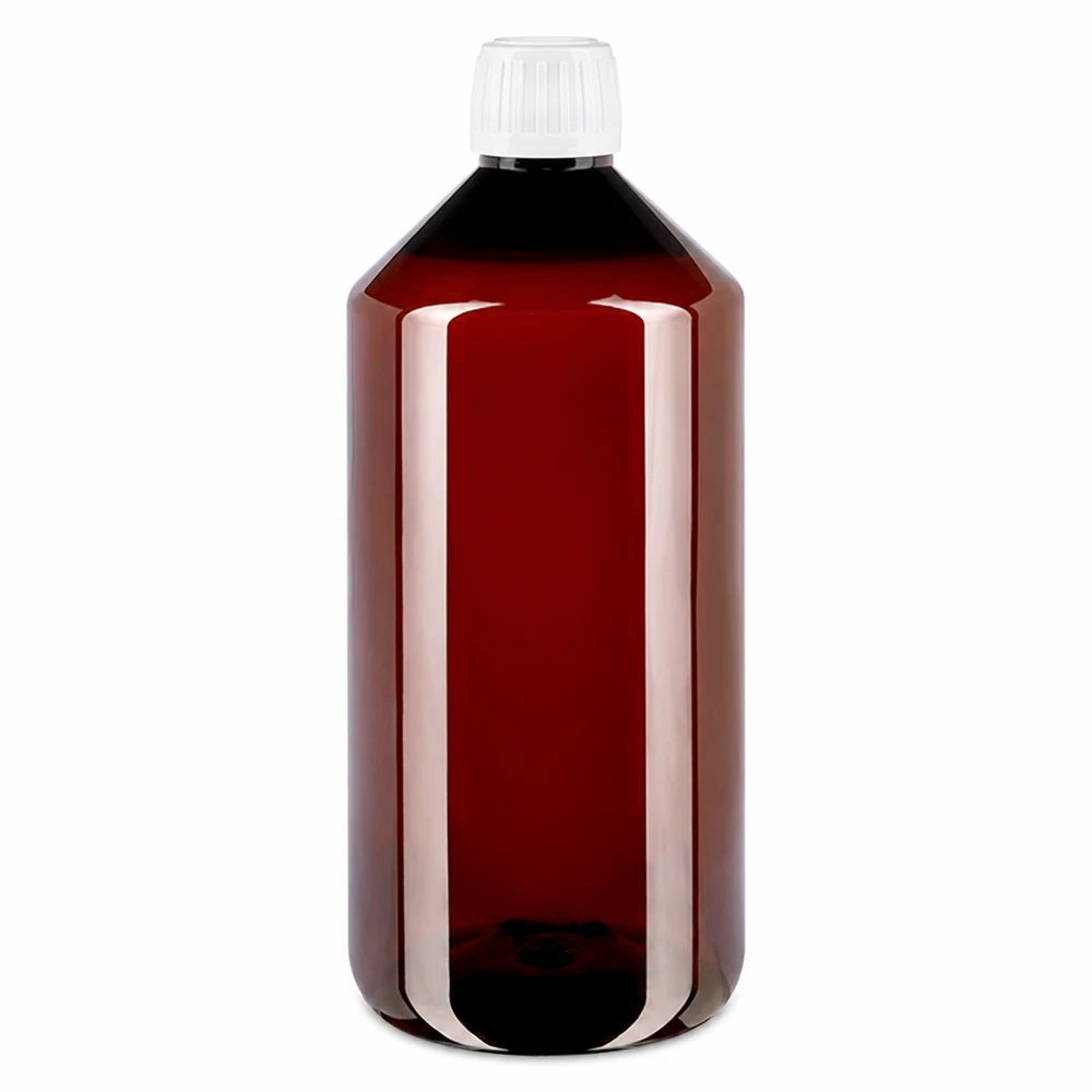 Butelka PET 1000 ml z białym standardem OV Brązowa butelka PET o pojemności 1000 ml z białym zamknięciem zabezpieczającym z przezroczystego tworzywa sztucznego
