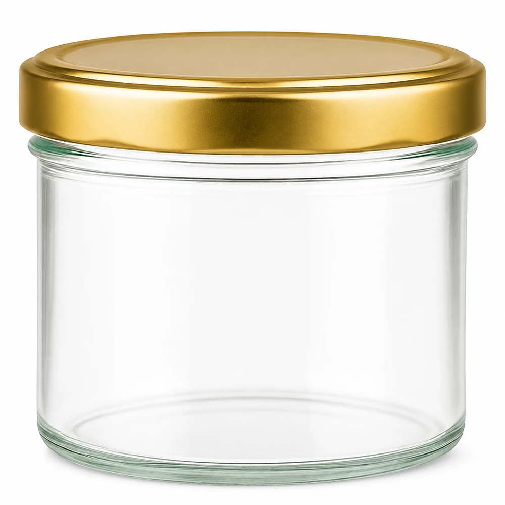 Słoik cylindryczny 230 ml z pokrywką BasicSeal złota UN.. Słoik cylindryczny 230 ml ze złotą pokrywką BasicSeal pusty, przezroczysty słoik do przechowywania przetworów okrągły