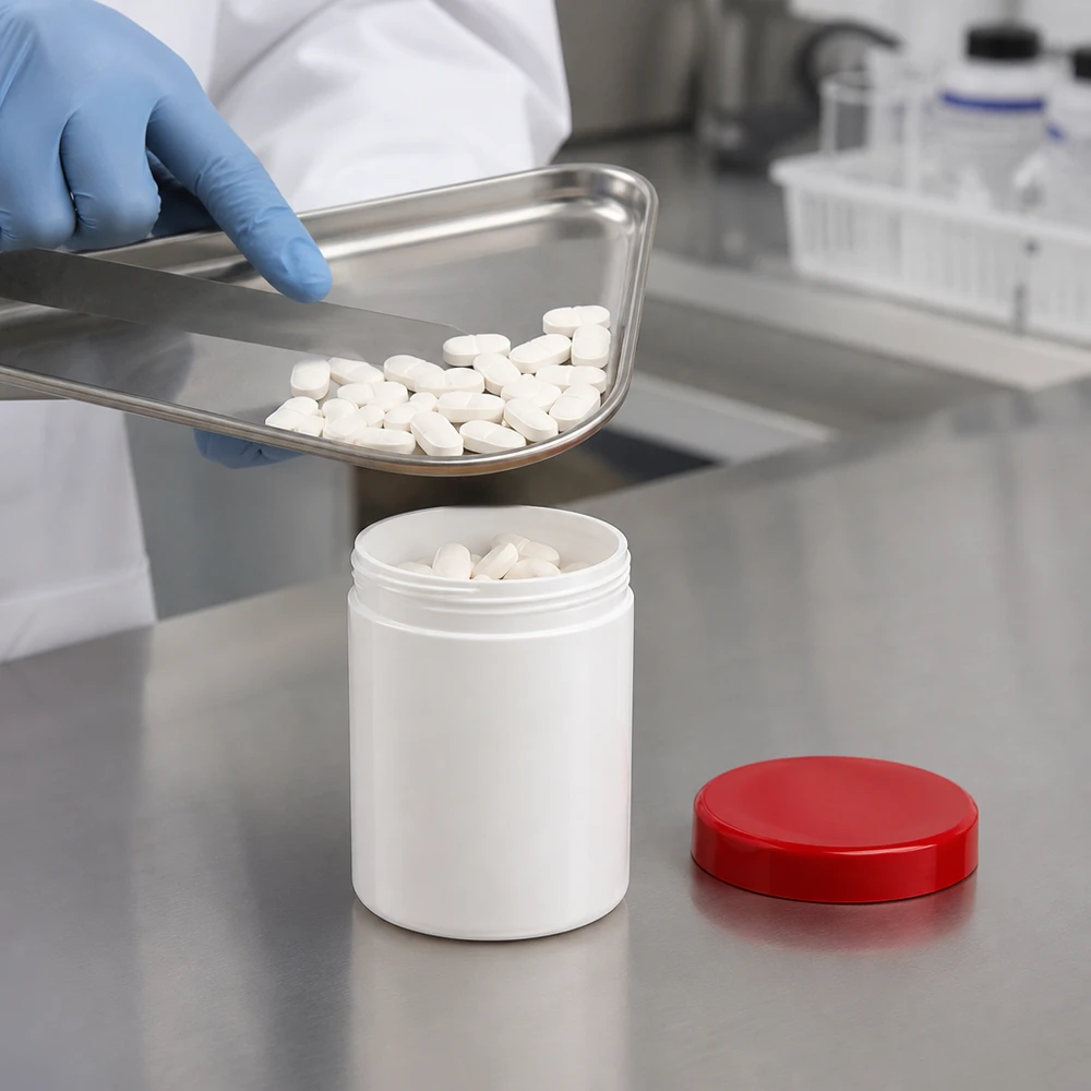 Słoik na maść 200g biały z czerwoną zakrętką (PP) Biały plastikowy słoik o pojemności 200 g z otwartą czerwoną pokrywką na śrubę jest napełniany tabletkami