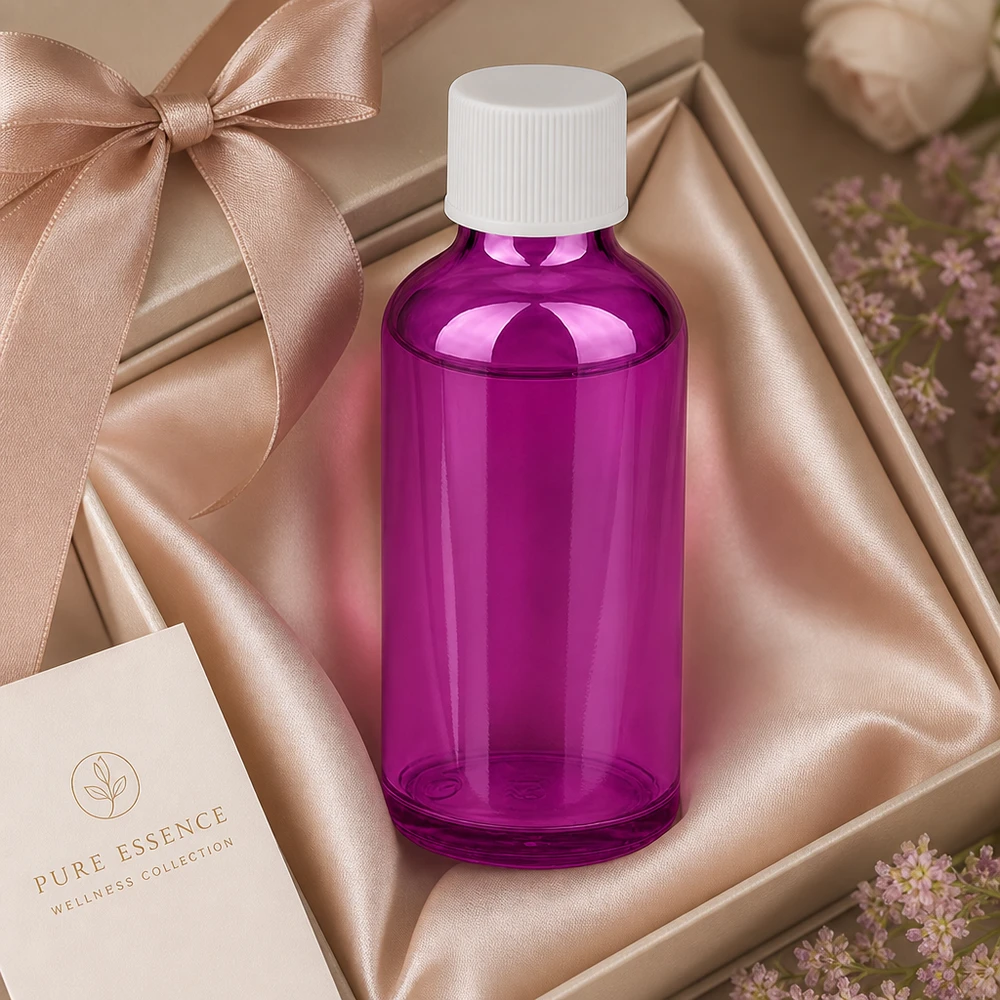 50 ml butelka apteczna z eleganckiego fioletowego szkła z białą zakrętką zabezpieczającą przed dziećmi
