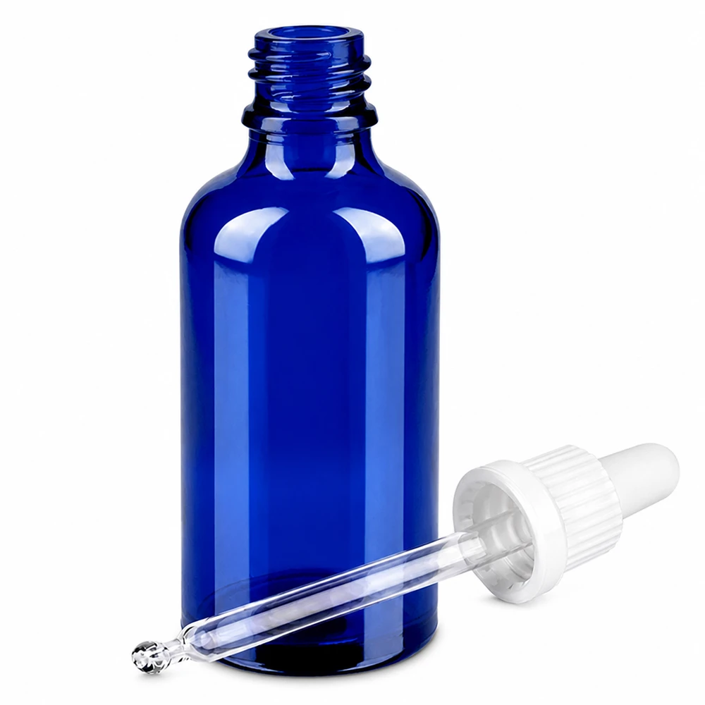 Butelka do leków płynnych 50 ml biała OV BlueLine UT18/50 Niebieska szklana butelka 50 ml z pipetą OV BlueLine UT18/50 do kosmetyków i olejków eterycznych
