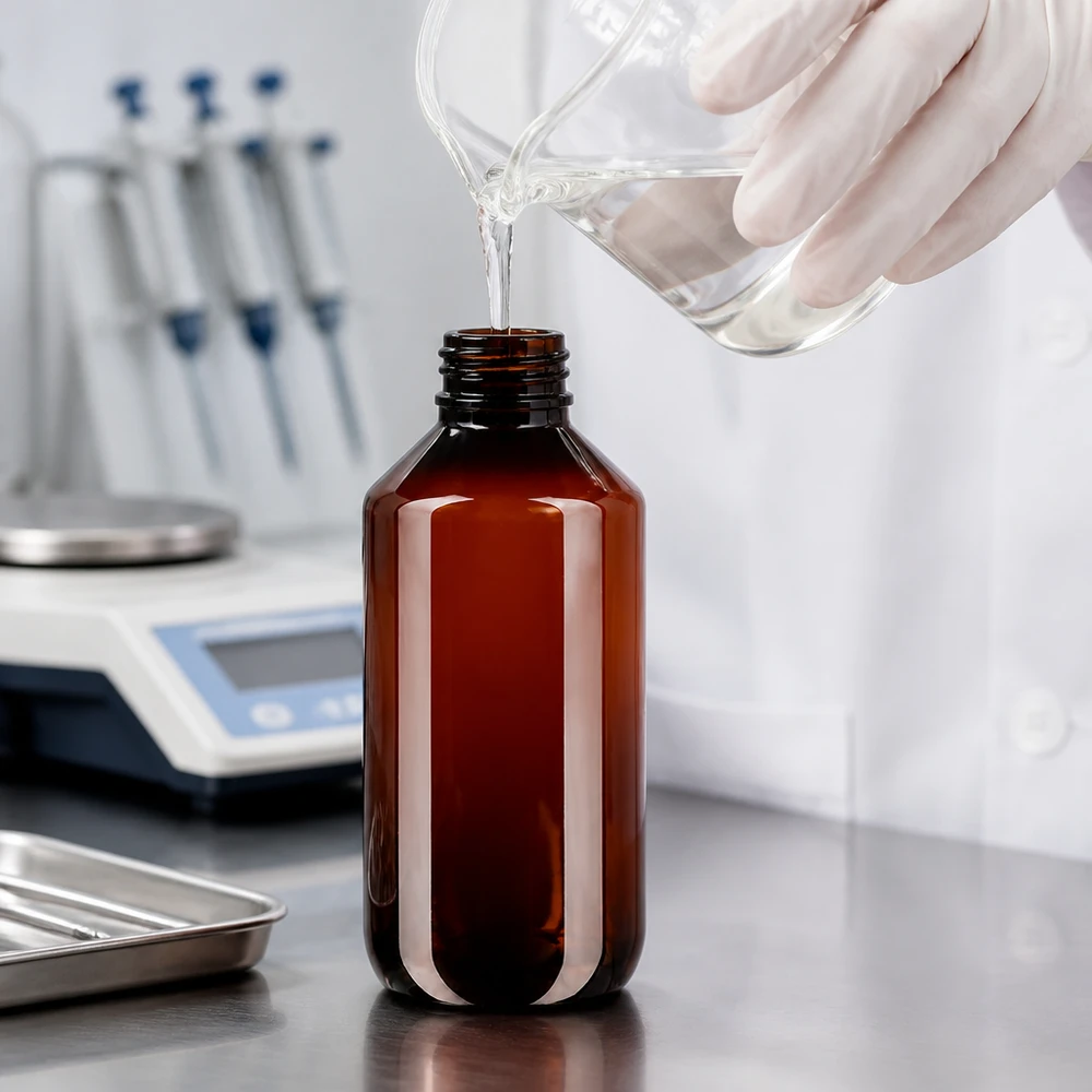 Butelka PET 100 ml z białym karbowanym OV Rozlew laboratoryjny do brązowej butelki PET o pojemności 100 ml z białą, karbowaną nakrętką zabezpieczającą