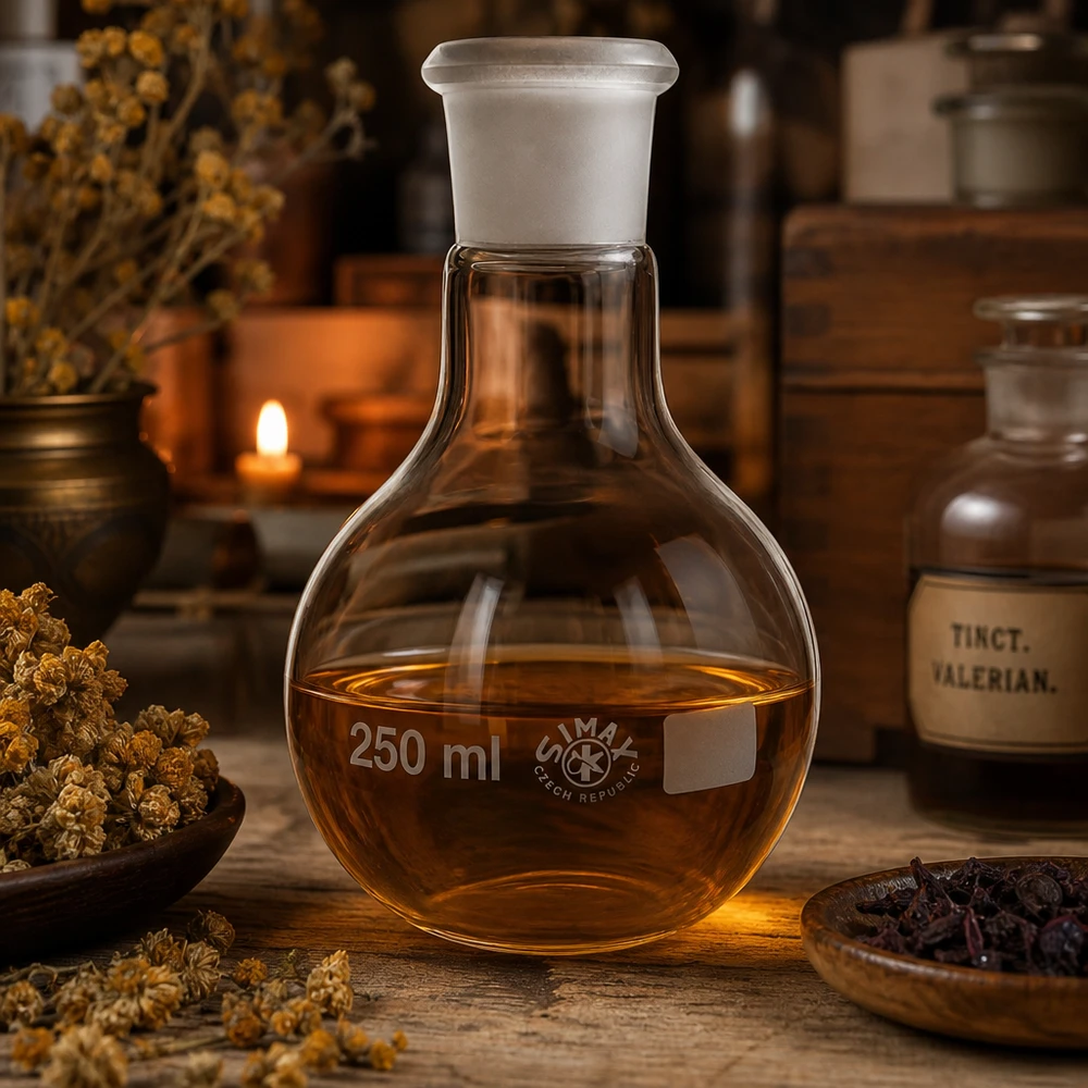Przezroczysta kolba laboratoryjna 250 ml z białym korkiem i standardowym szlifowanym złączem 29/32 do procesów destylacji