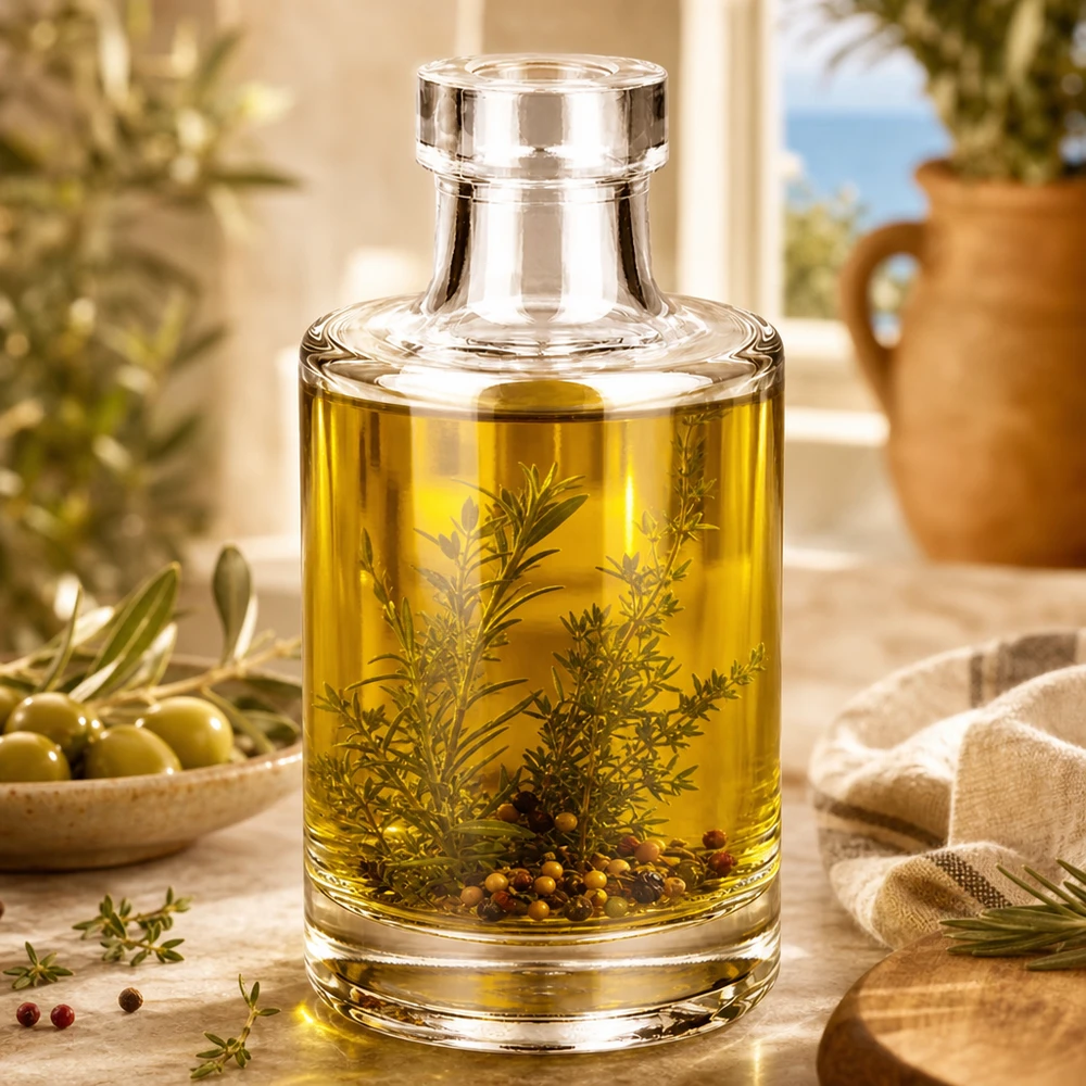 100 ml szklana butelka Marie wypełniona olejem ziołowym i przyprawami jako przykład zastosowania w kuchni i do dekoracji