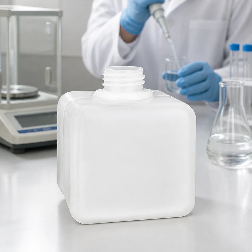 Butelka na chemikalia 500ml, wąska szyjka wykonana z PE-HD, kolor naturalny, GL 32 Przezroczysta butelka na chemikalia z PE-HD o pojemności 500 ml, z wąską szyjką GL32 i gwintem śrubowym, na białym blacie laboratoryjnym
