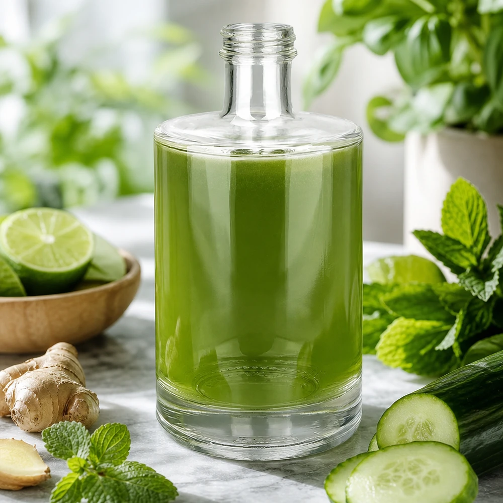 Szklana butelka Sam 500 ml bez zakrętki UNiTWIST® 500ml szklana butelka Sam wypełniona zielonym smoothie otoczonym świeżymi składnikami mięta ogórek imbir limonka