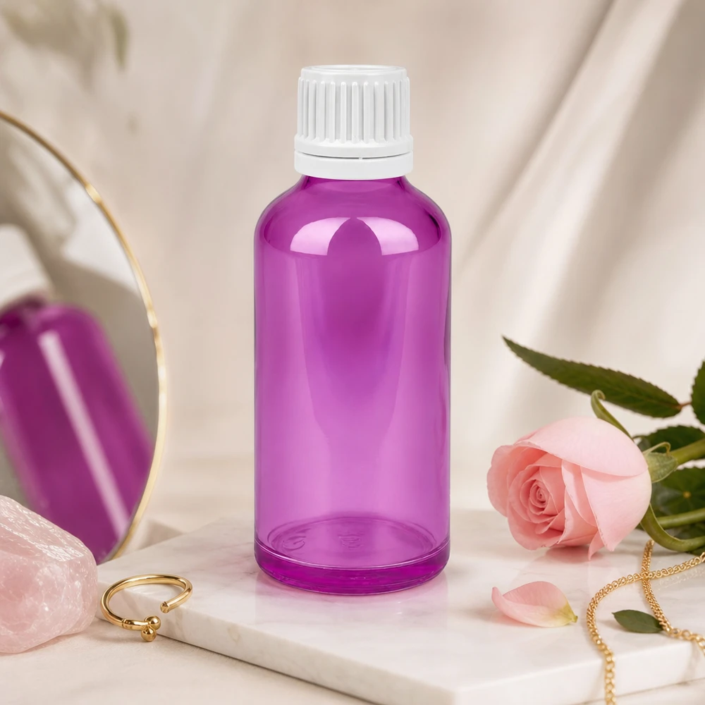 Butelka 50ml 11mm zakrętka biała Oryginalna zakrętka PurpleLine UT18/50 Elegancka butelka 50 ml w modnym fioletowym kolorze z białą zakrętką na produkty kosmetyczne