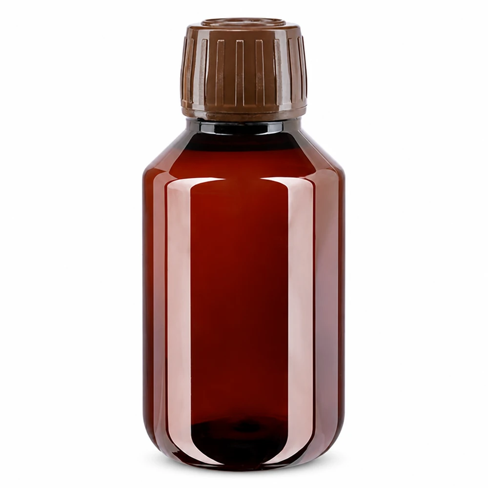 UV-schützende PET Flasche 100ml Braunglas-Optik mit originalem Verschluss