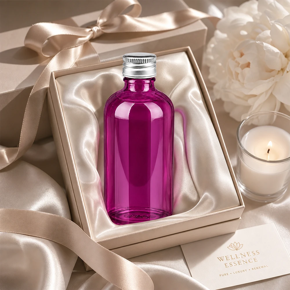 Elegancka, fioletowa szklana butelka o pojemności 100 ml z otworem 11 mm, idealna na luksusowy prezent wellness.