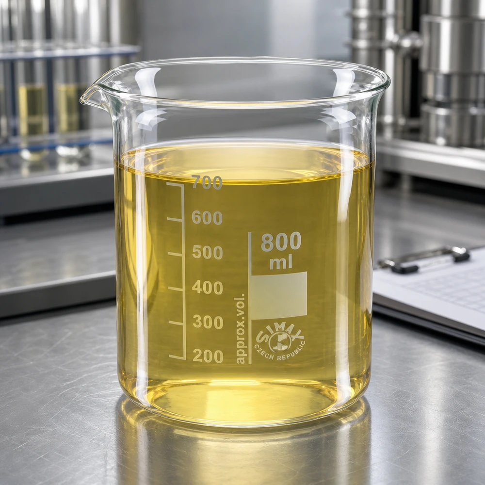 Zlewka 800 ml ze szkła borokrzemowego, niski kształt Zlewka laboratoryjna 800 ml z wytrzymałego szkła borokrzemowego z żółtą cieczą testową na stanowisku laboratoryjnym