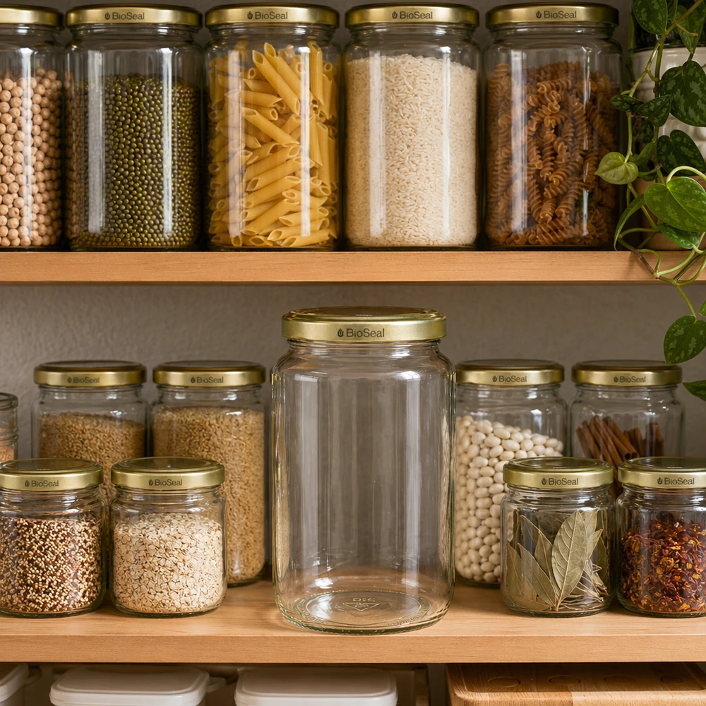 1000g Honigglas mit goldenem Deckel BioSeal UNiTWIST Słoik na miód BioSeal 1000 g w zorganizowanej kuchni z makaronem, ryżem i przyprawami pokazuje idealne przechowywanie w kuchni