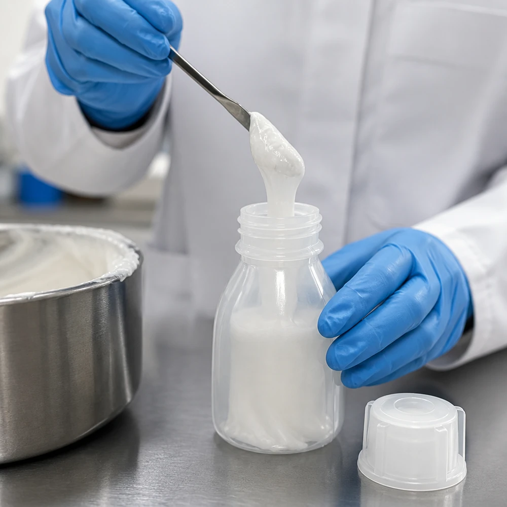 Butelka zakręcana 10 ml, butelka laboratoryjna z wąską szyjką W laboratorium laborant napełnia szpatułką biały krem do małych buteleczek z PP z wąską szyjką i zakrętką