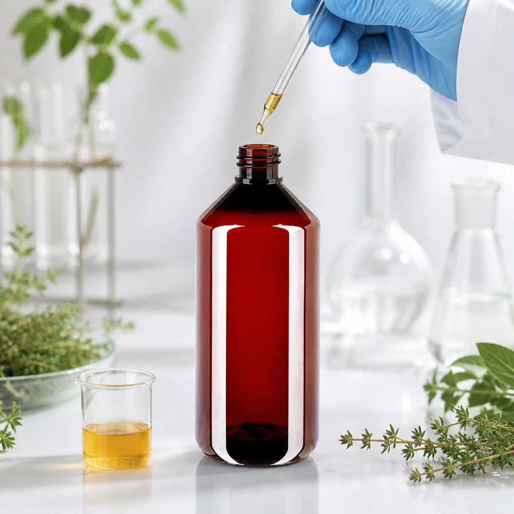 Brązowa butelka PET o pojemności 1000 ml w warunkach laboratoryjnych, z pipetą i ekstraktami roślinnymi