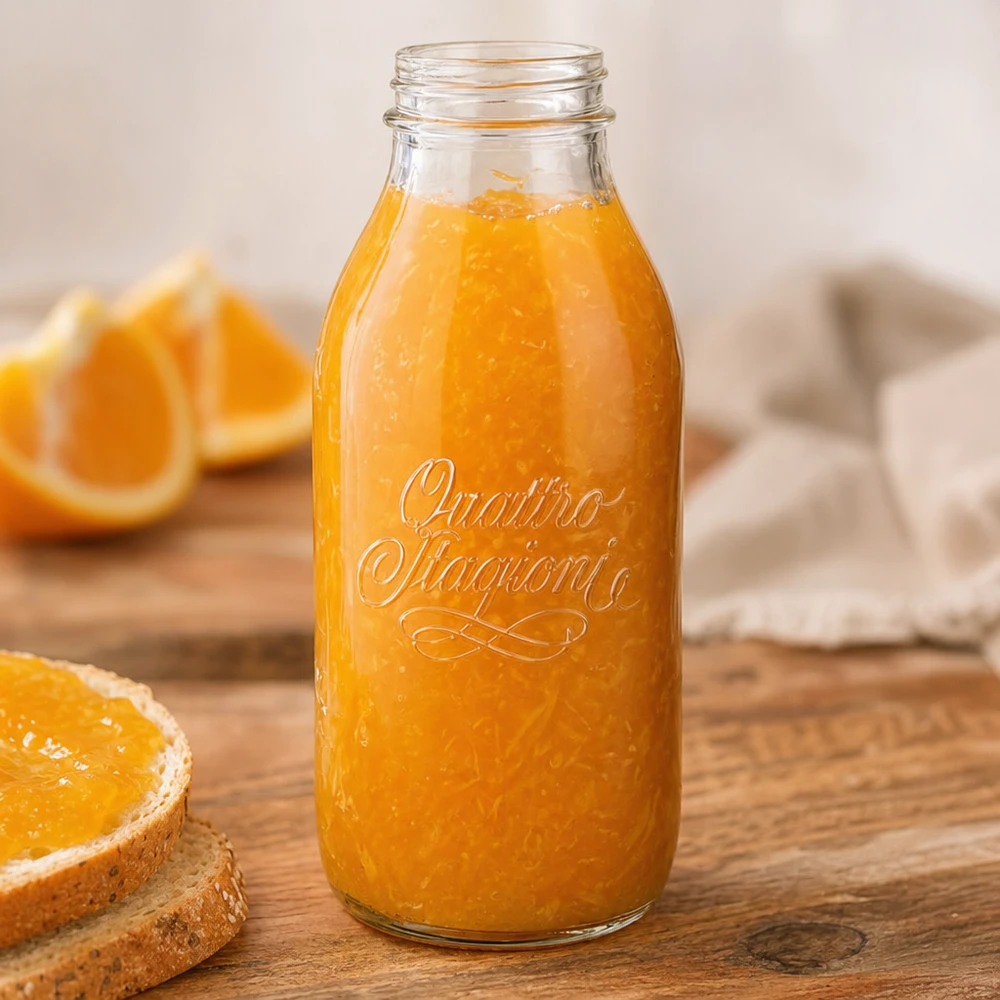 Butelka z szeroką szyjką o pojemności 1000 ml "Quattro Stagioni" 1000 ml butelka z szeroką szyjką Quattro Stagioni z sokiem pomarańczowym na drewnianym stole z plastrami pomarańczy