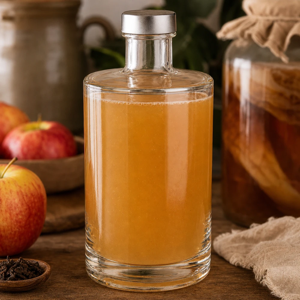 375ml Glasflasche Sam mit Apfelbrand zwischen roten Äpfeln - edle Spirituosenflasche mit silbernem Schraubverschluss