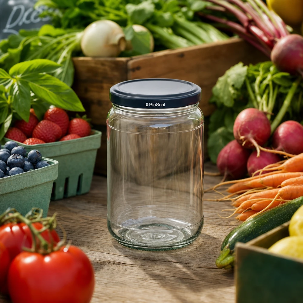 UNiTWIST Runda305 z czarną pokrywką TO63 BioSeal UNiTWIST Runda305 Vorratsglas mit schwarzem BioSeal Deckel inmitten frischem Marktgemüse und Obst auf Holztisch