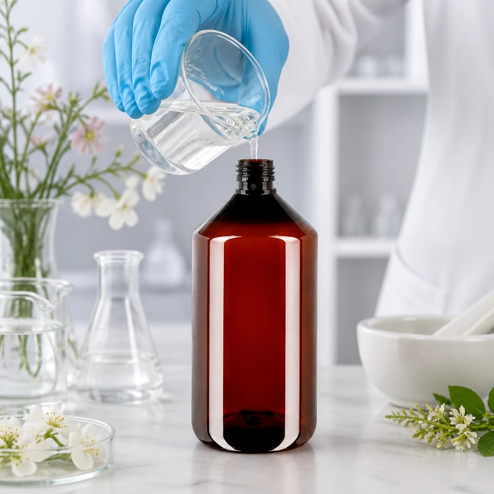 Butelka PET 750ml PP28 bez zakrętki Technik laboratoryjny napełnia płynem butelkę apteczną o pojemności 750 ml, wykonaną z brązowego tworzywa PET