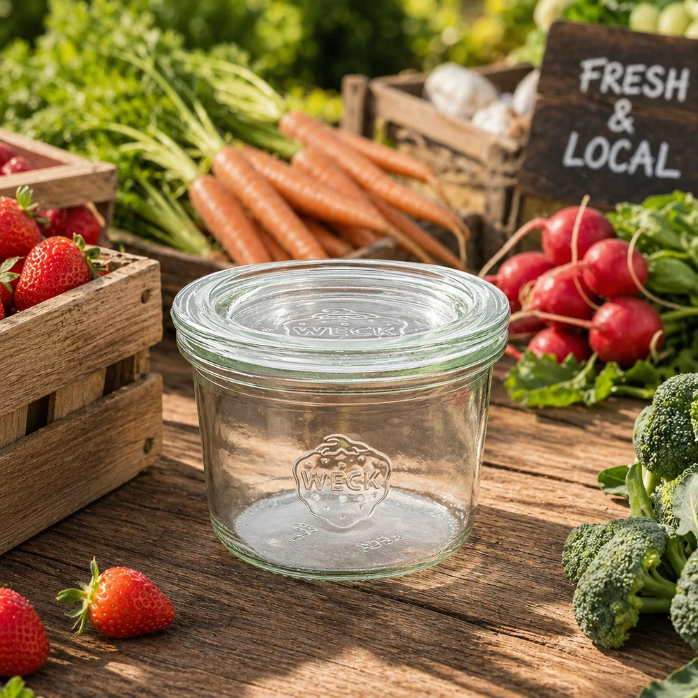 Słoik o pojemności 80 ml z szklaną pokrywką WECK RR60 Kubki WECK 80ml RR60 otoczone świeżymi warzywami i owocami na drewnianym stole napis Farmers Market Fresh Local