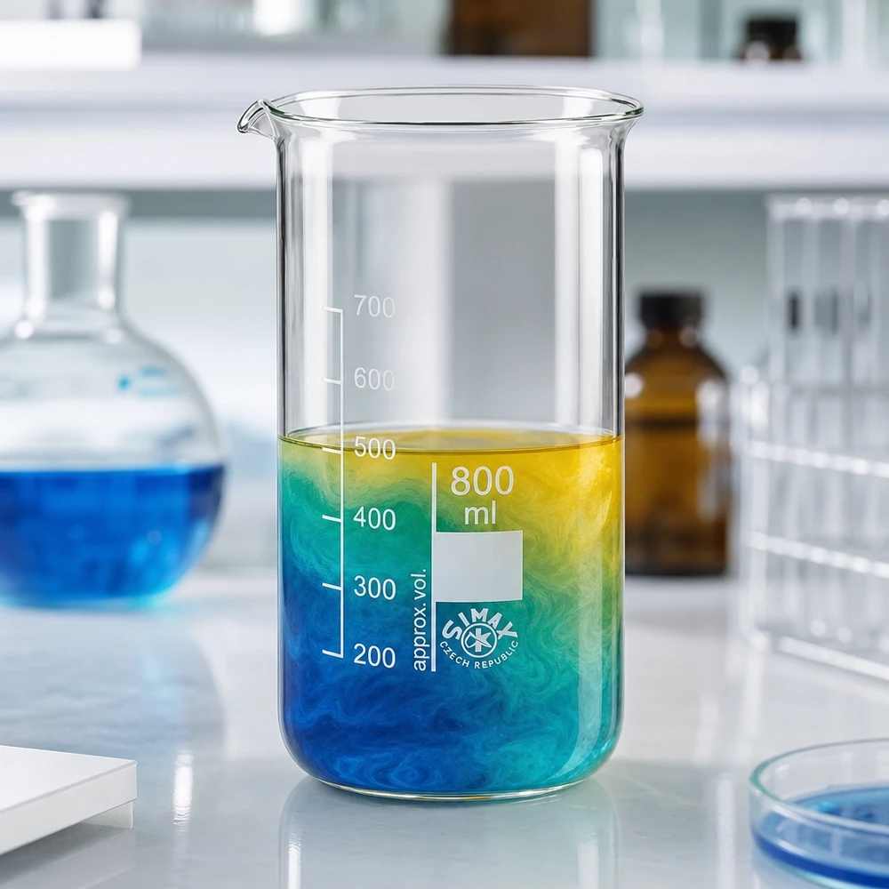 Szklanka o pojemności 800 ml, o wysokim kształcie, z kolorową cieczą o gradientowym zabarwieniu od niebieskiego do żółtego w laboratorium