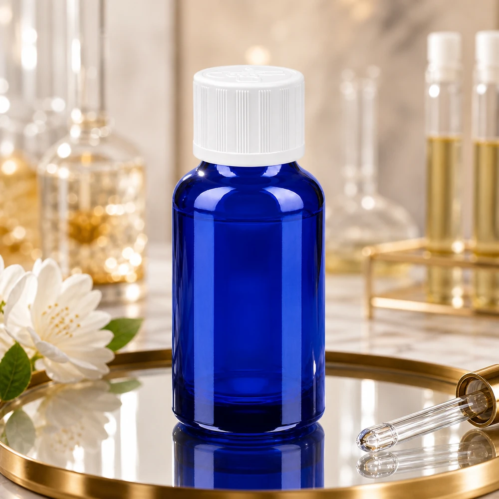 Butelka 20 ml 11 mm SV biała STD KiSi BlueLine UT18/20 20 ml szklana butelka BlueLine z zakraplaczem do precyzyjnego dozowania esencji i nalewek