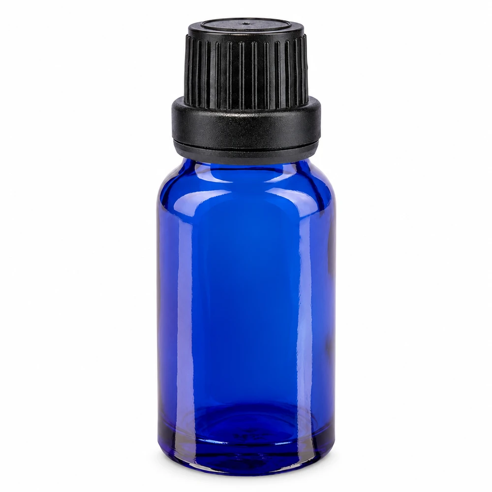 Butelka apteczna niebieska 10ml drip v. Pr. 2mm czarny OV 10 ml niebieska szklana buteleczka z czarnym zamknięciem zabezpieczającym oraz 2 mm kroplomierzem wykonanym ze szkła aptecznego