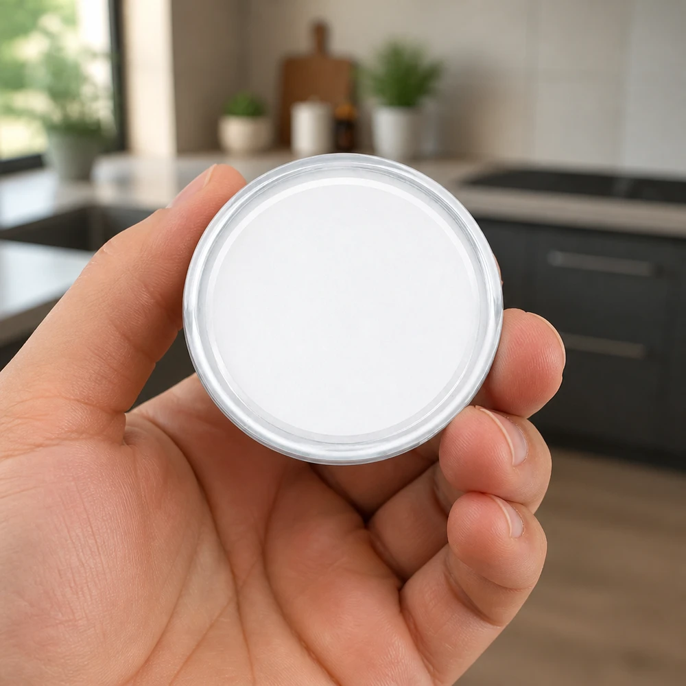 Ręka trzymająca białą nakrętkę typu twist-off o średnicy 58 mm BasicSeal TO58 UniTwist w nowoczesnej kuchni