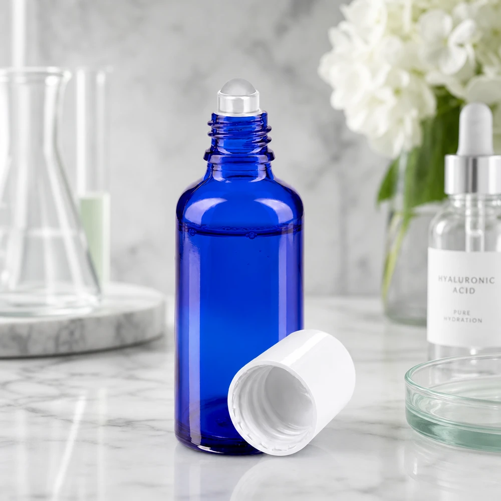 Butelka apteczna niebieska 50ml nakrętka roll-on biała Otwarty niebieski szklany flakon apteczny o pojemności 50 ml z aplikatorem kulkowym obok serum z kwasem hialuronowym
