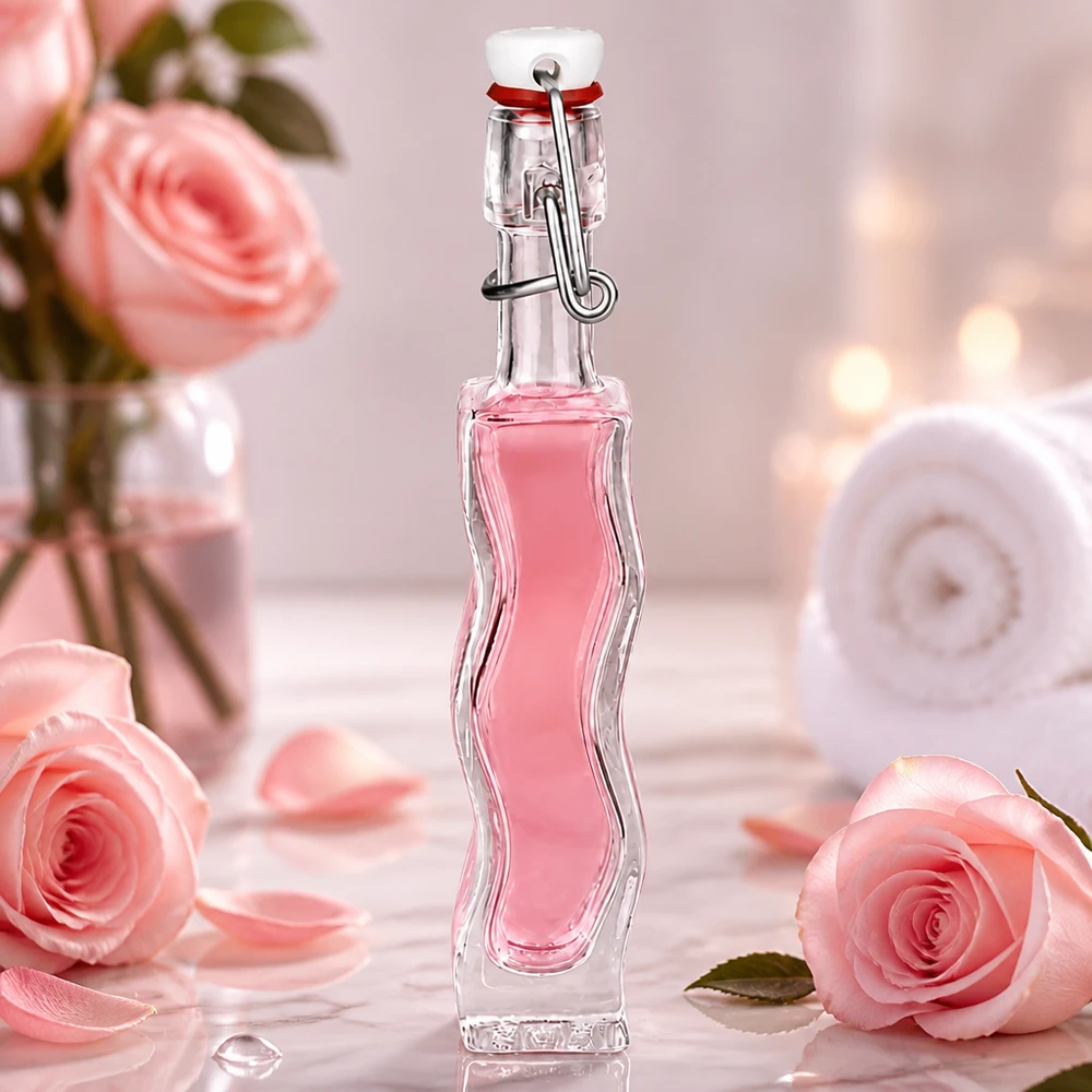 40 ml szklana butelka Anna z różowym płynem w romantycznej oprawie z różami i delikatnymi pastelowymi kolorami