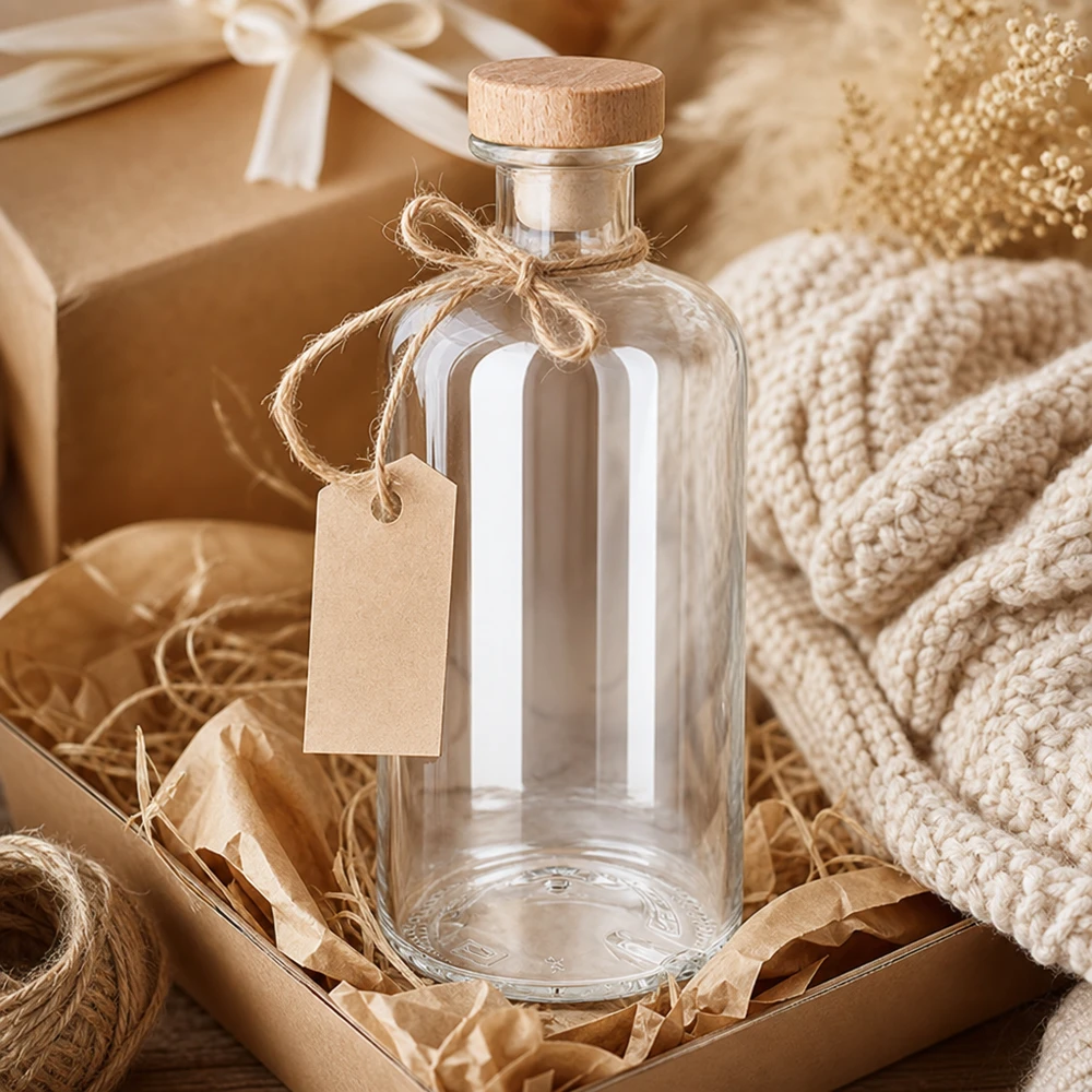 Szklana butelka Flora o pojemności 500 ml z drewnianym korkiem i przywieszką prezentową w rustykalnym opakowaniu prezentowym z jutowym sznurkiem