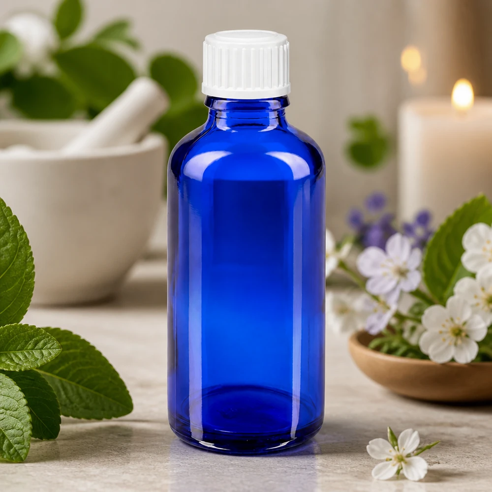 Butelka apteczna niebieska 50ml zakrętka biała szt. Niebieska szklana butelka o pojemności 50 ml z białą zakrętką wśród świeżych ziół i kwiatów