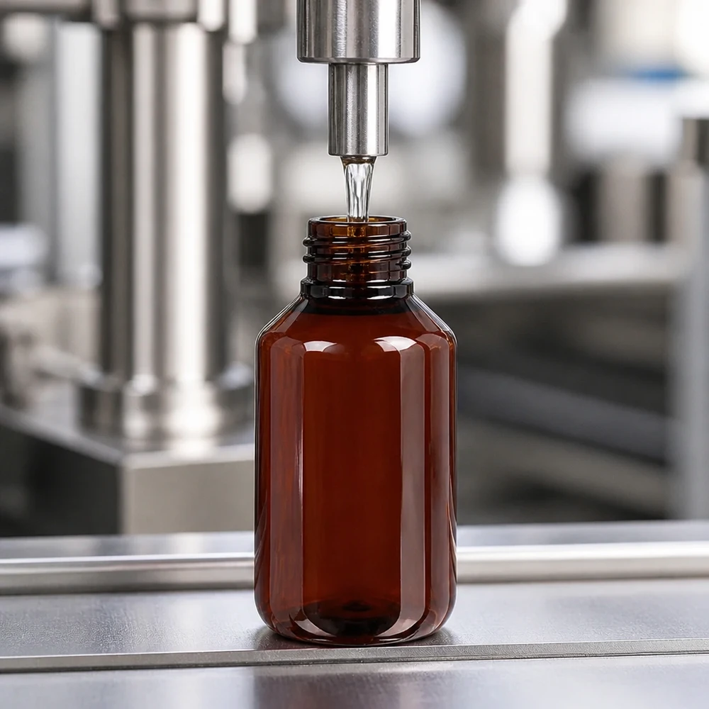 Automatisierte Serienabfüllung bernsteinfarbener 100ml PET Flaschen mit braunem OV Deckel