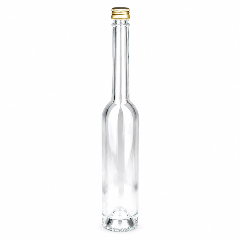 Szklana butelka 100 ml Toni i srebrna zakrętka UNiTWIST® 100ml szklana butelka Toni ze złotą zakrętką UNiTWIST - przezroczyste szkło, smukły kształt, idealny do alkoholi