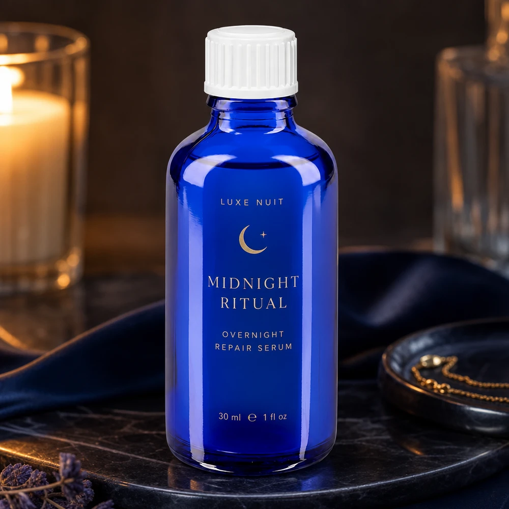 Szklana buteleczka o pojemności 30 ml w kolorze kobaltowym z białą zakrętką, przeznaczona na serum do kosmetyków naturalnych