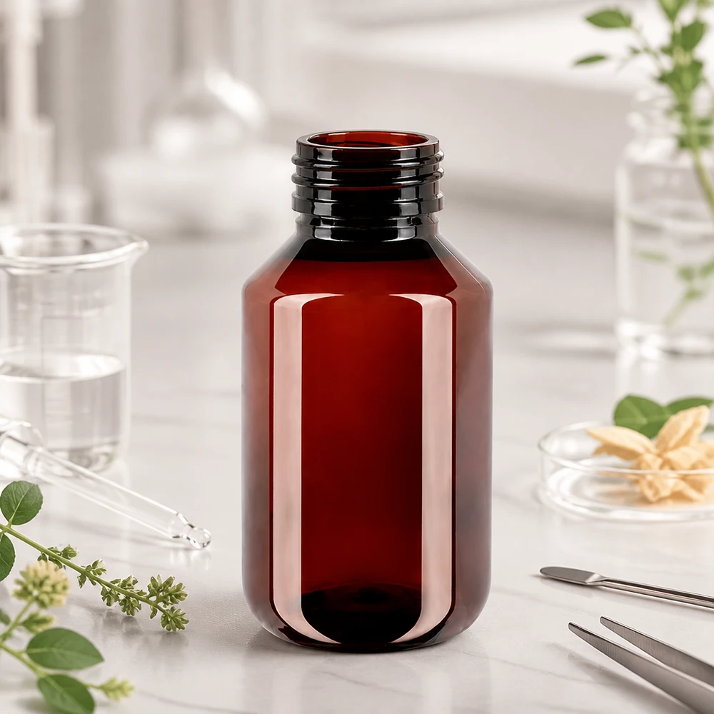 Butelka PET 100 ml z brązową nakrętką Standard Dunkelbraune PET Flasche 100ml mit Standardverschluss für ätherische Öle und Naturextrakte