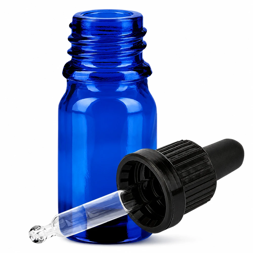 Butelka do leków płynnych 5 ml czarna OV BlueLine UT18/5 Niebieska szklana butelka 5 ml z pipetą i czarnym zakraplaczem OV BlueLine UT18/5