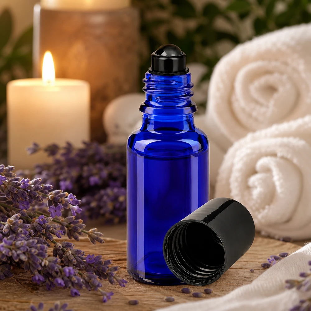 Butelka apteczna niebieska 20ml zakrętka roll-on czarna Buteleczka z kulką o pojemności 20 ml z niebieskiego szkła z lawendą i świecą w atmosferze spa