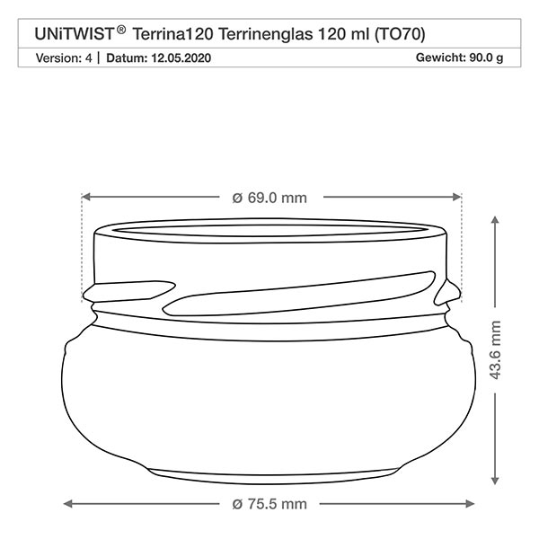 UNiTWIST Terrina120 - Słoik do Terrine 120ml TO70 UNiTWIST Terrina120 waza szklana 120ml TO70 z rysunkiem technicznym i wymiarami 69mm średnica 43,6mm wysokość