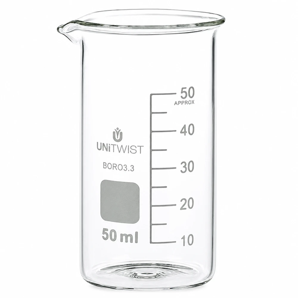 Szklanka o pojemności 50 ml, wysoka, wykonana z borokrzemianu, marki UNITWIST, z podziałką mililitrową do 50 ml