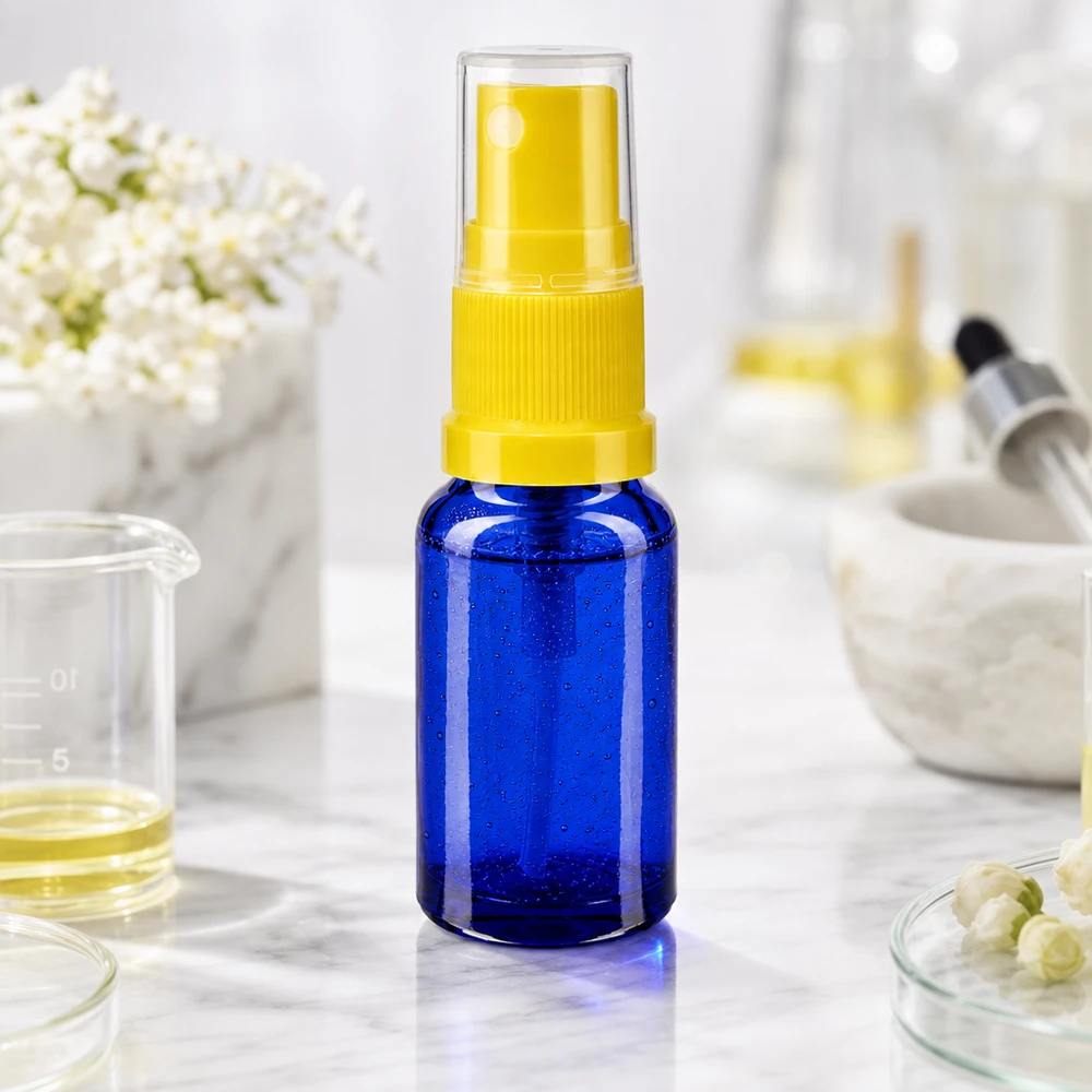 Butelka apteczna niebieska 30ml nasadka rozpylająca żółta Niebieska buteleczka apteczna o pojemności 30 ml z rozpylaczem, przeznaczona do olejków eterycznych i preparatów kosmetycznych