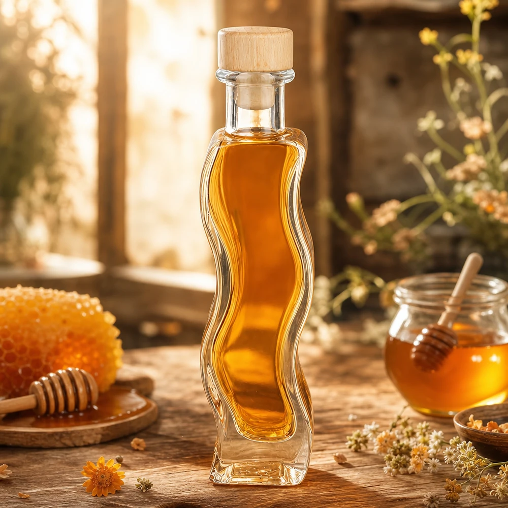 Glasflasche Melissa 100ml mit Honig befüllt rustikale Küche Holzkorken Bienenwaben natürliche Dekoration