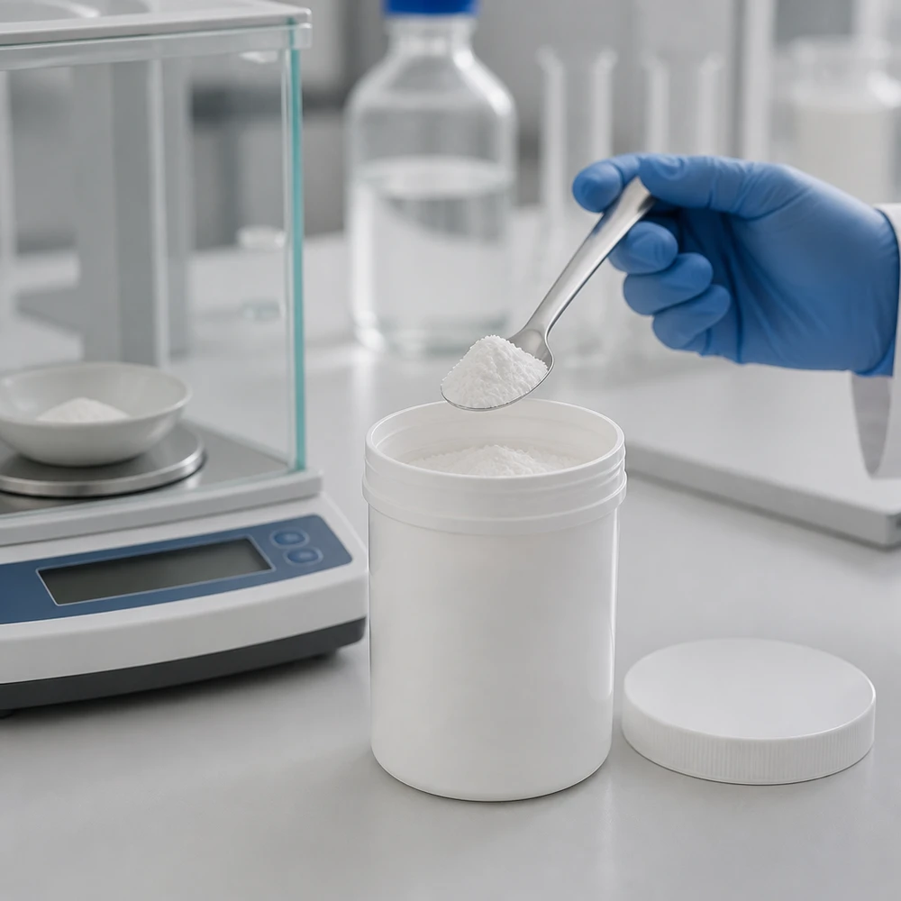 Zdjęcie laboratoryjne otwartego, białego słoika na maść o pojemności 150 g, wykonanego z polipropylenu, obok wagi precyzyjnej