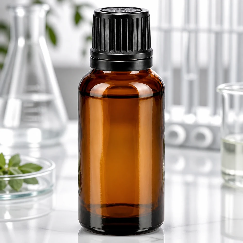 Butelka apteczna brązowa 20ml zakrętka czarny nalewak r. OV Mała buteleczka z brązowego szkła o pojemności 20 ml z czarną zakrętką zabezpieczoną przed dziećmi, przeznaczona do zastosowań laboratoryjnych