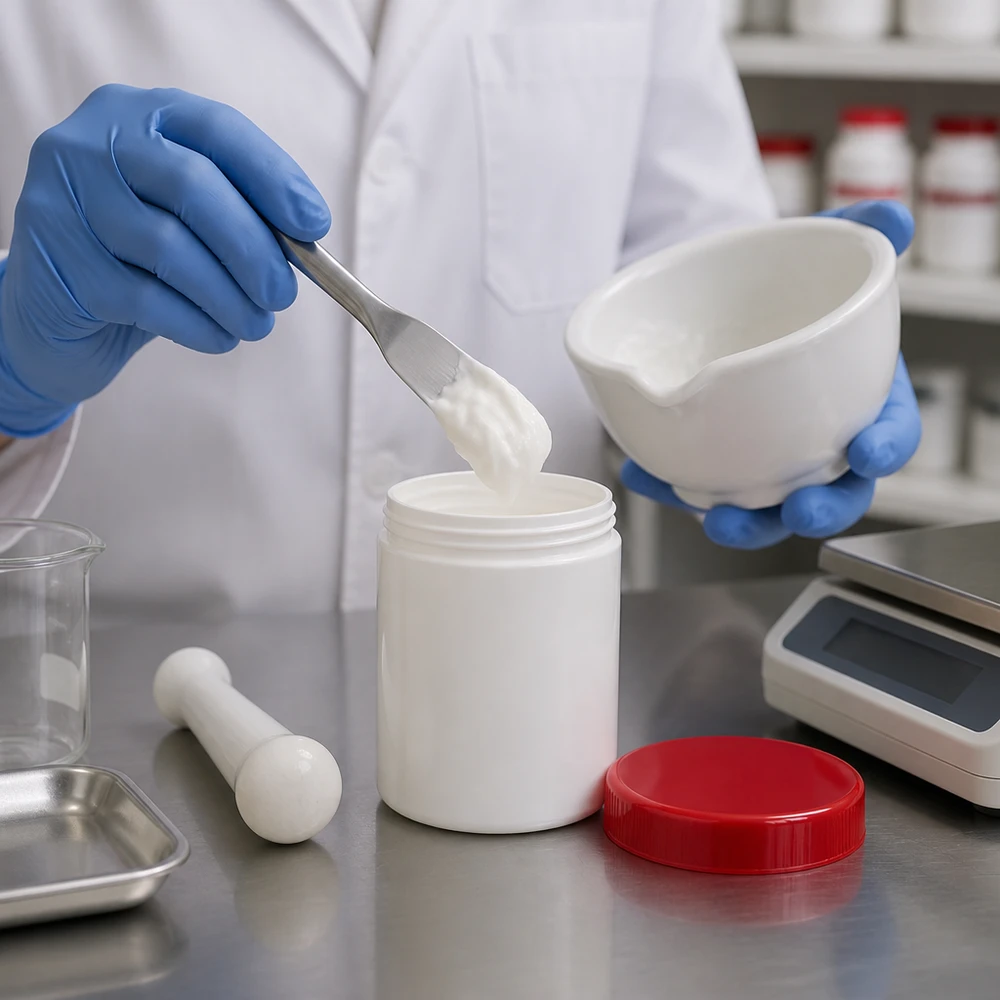 Farmaceuta nakłada białą maść szpatułką do otwartego słoika na maść o pojemności 200 g z czerwoną zakrętką