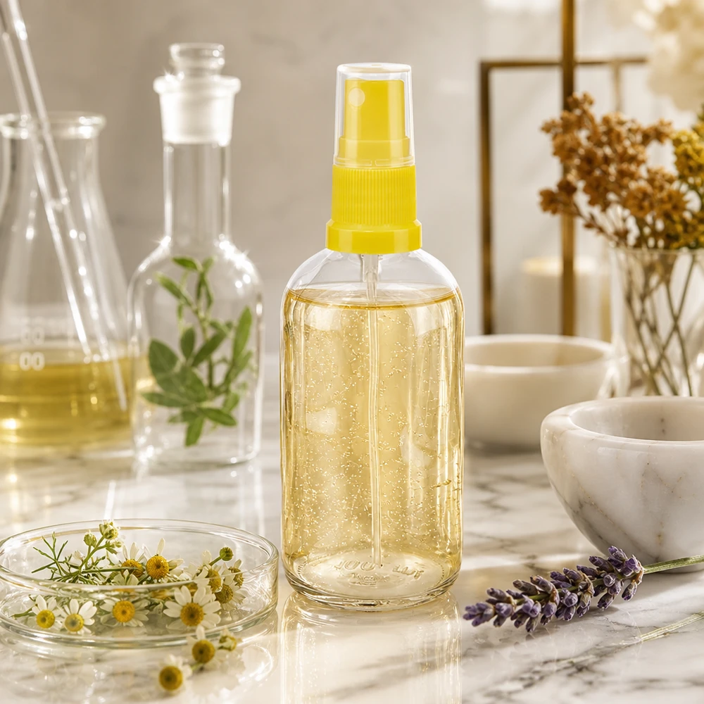 100 ml butelka ze spryskiwaczem żółta/przezroczysta STD ClearLine UT18/100 Butelka z atomizerem ClearLine UT18 o pojemności 100 ml, wypełniona złotym olejkiem i kwiatami rumianku na marmurze