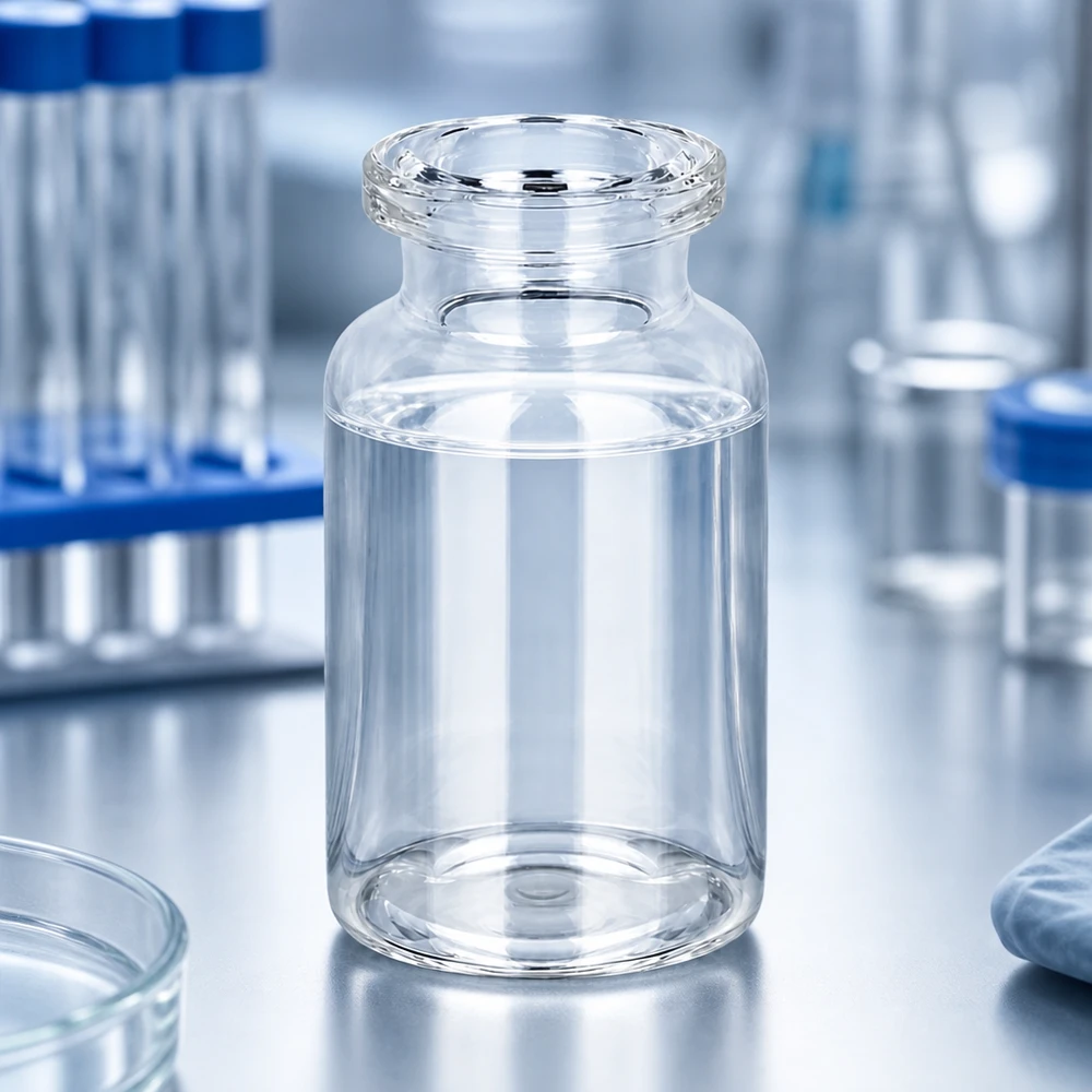 Butelka iniekcyjna z przezroczystego szkła 10 ml Injektionsflasche Klarglas 10ml im GMP-Labor neben Zentrifugenröhrchen und Petrischalen