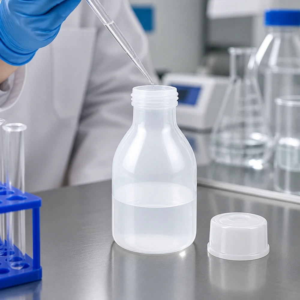 Butelka zakręcana 20 ml, butelka laboratoryjna z wąską szyjką Laborant napełnia pipetą 20 ml butelkę z wąską szyjką i zakrętką, wykonaną z PE, na powierzchni ze stali nierdzewnej