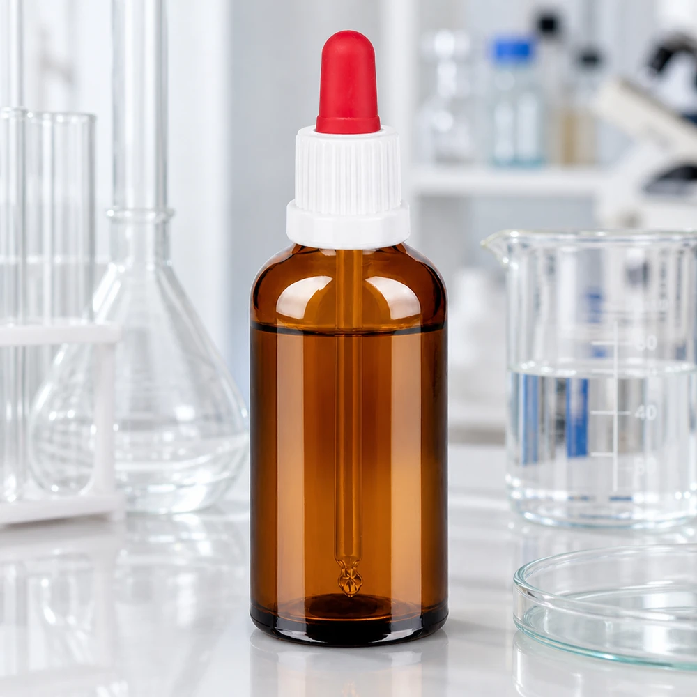 50 ml butelka z pipetą, biała/czerwona OV BrownLine UT18/50 Profesjonalna butelka laboratoryjna o pojemności 50 ml wykonana z bursztynowego szkła chroniącego przed promieniowaniem UV z ergonomicznym zakraplaczem