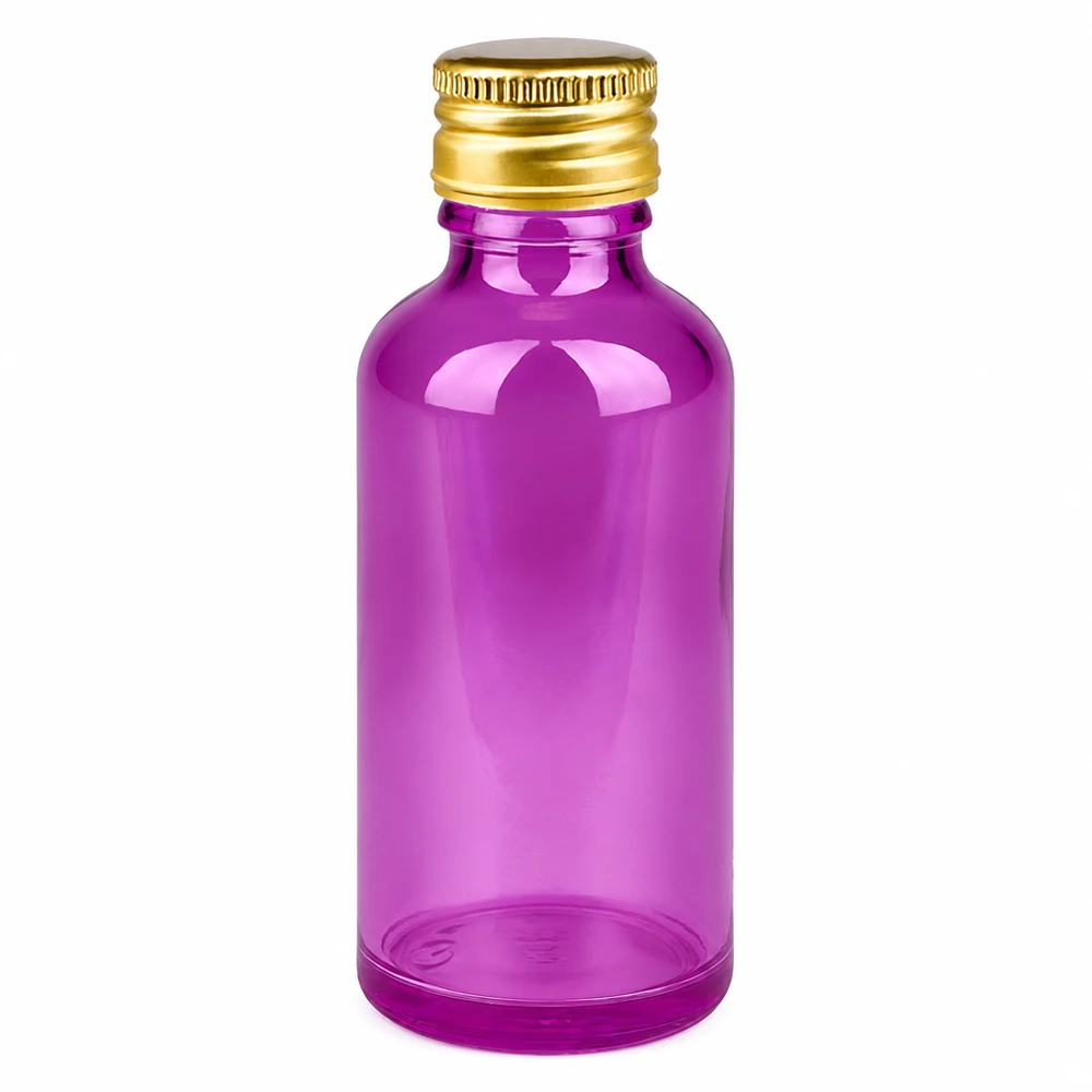 Butelka 50ml 11mm zakrętka aluminiowa złoty standard PurpleLine. UT18/50 50 ml fioletowa szklana butelka ze złotym aluminiowym korkiem na olejki eteryczne i kosmetyki
