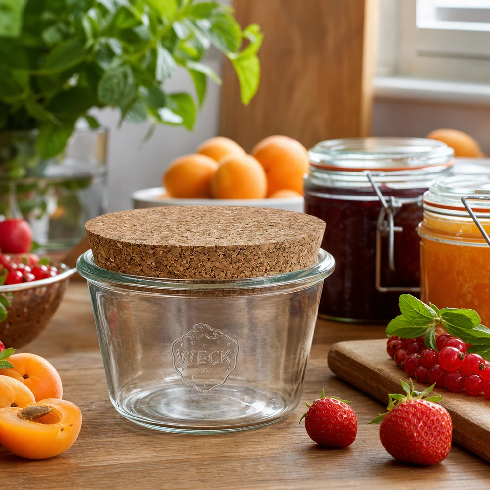 Kubki WECK RR100 370ml z korkową pokrywką w kuchennej scenerii ze świeżymi owocami i słoikami dżemu na drewnianym stole